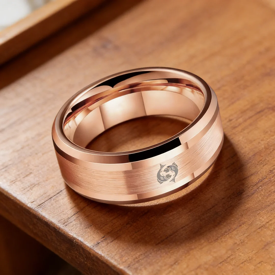 Mens Womens Rose Gold Pisces Tungsten Carbide Bands Rose Gold Edges and Laser Etched Wedding Ring Comfort Fit 4MM 6MM 8MM