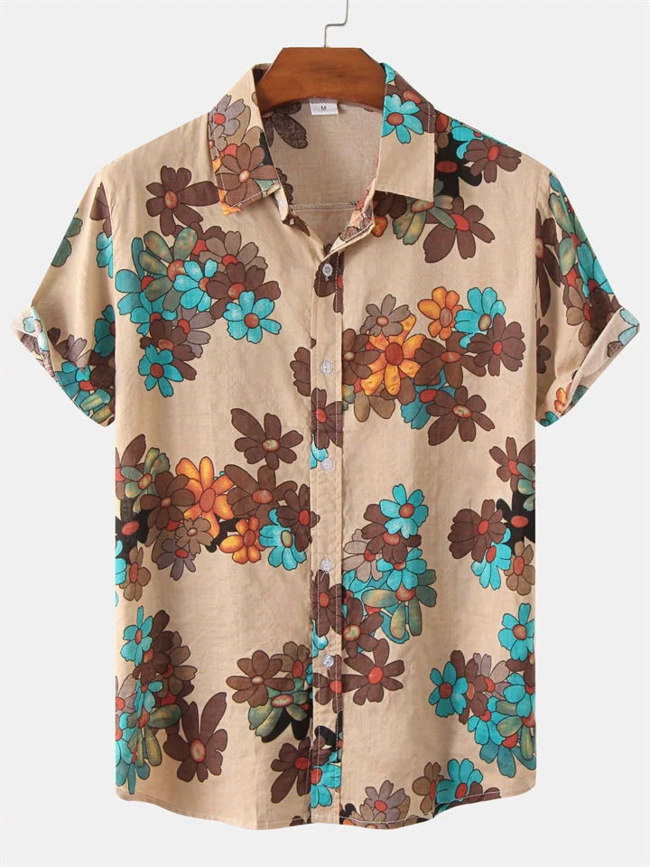 Men's Floral Short-sleeved Shirt Youth Men's Men's Shirts Spring and Summer New Short-sleeved Loose Type Lapel Shirt-Cosfine
