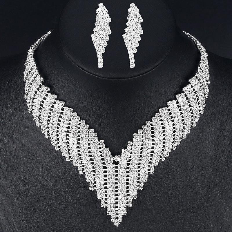 Shiny rhinestone tassel necklace with earrings jewelry sets-zachics