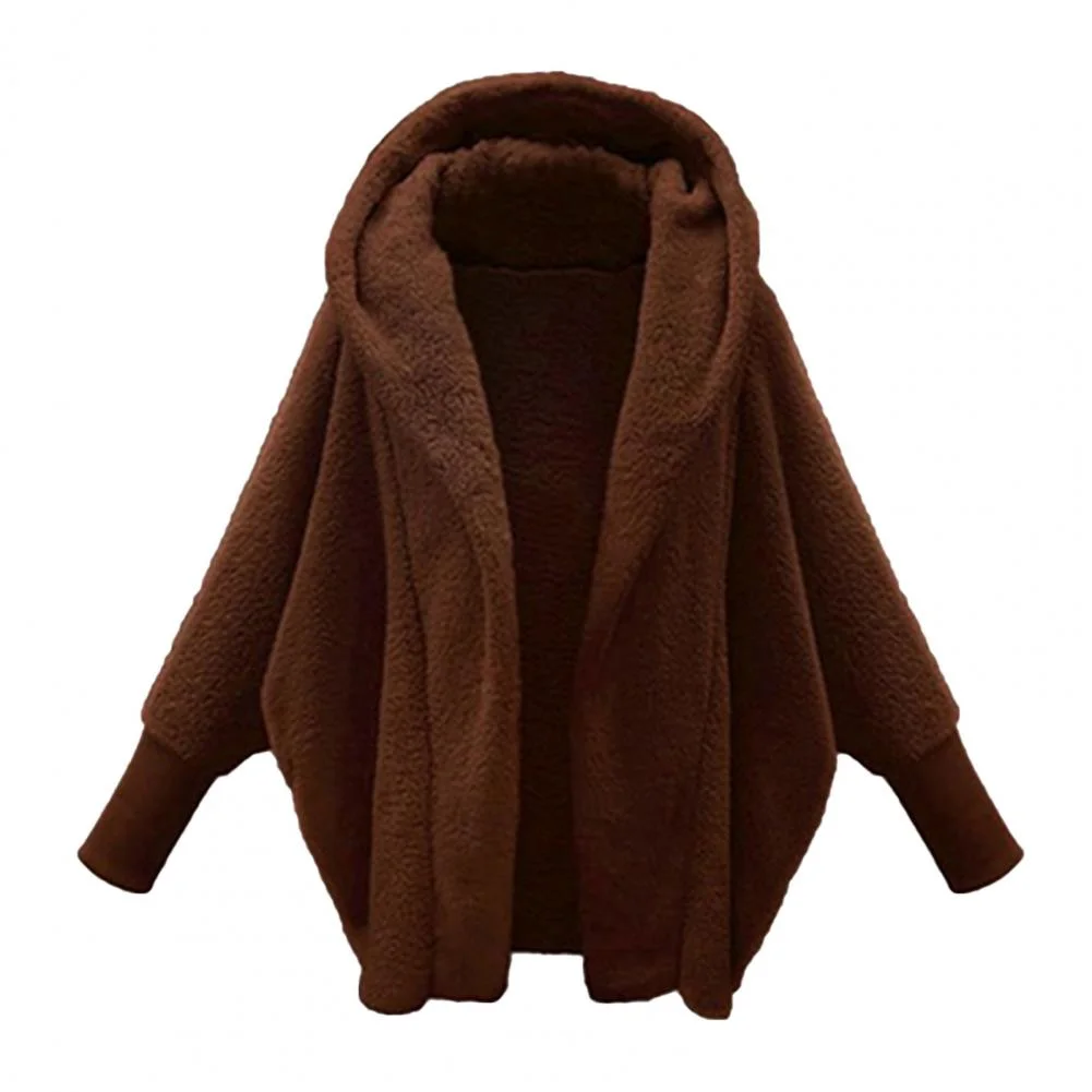 Women Coat Fleece Hooded Thick Long Sleeves Cardigan Keep Warm Soft Elastic Cuff Batwing Sleeves Winter Jacket