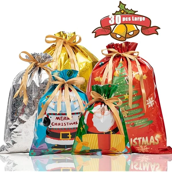 15PCS Christmas Drawstring Gift Bag,Xmas Large Medium Small Gift Bags Wrapping Present Bags with 30 Tags for Chrismtas Wrapping Gift