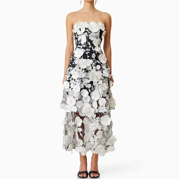 Simpfit Elegantes Midikleid mit besticktem 3D-Blumen-Tube-Top