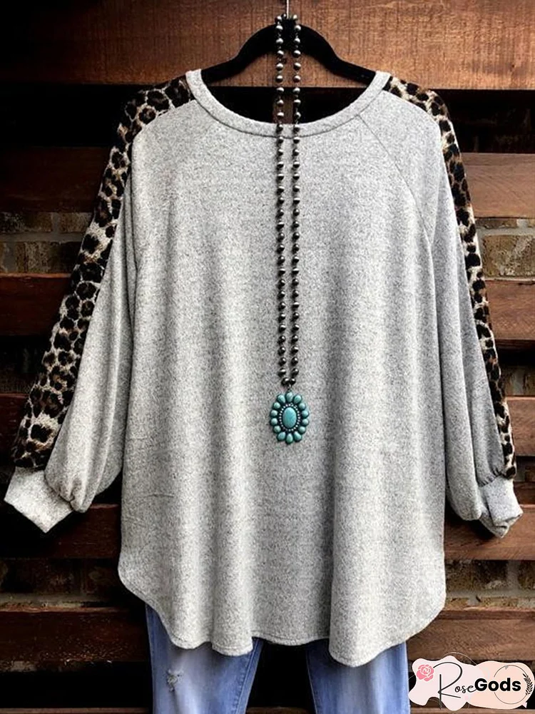 Leopard Stitch Casual Round Neck Tops T-Shirt