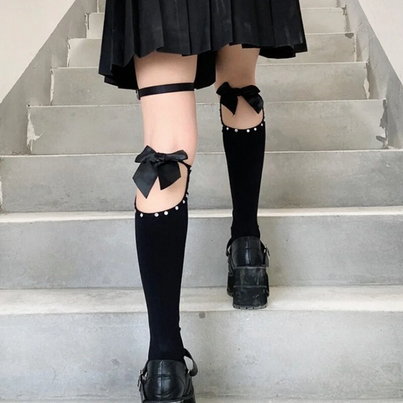 Gothic Spider Web Lolita Ruffles Lace Bowknot Black Stockings BE137