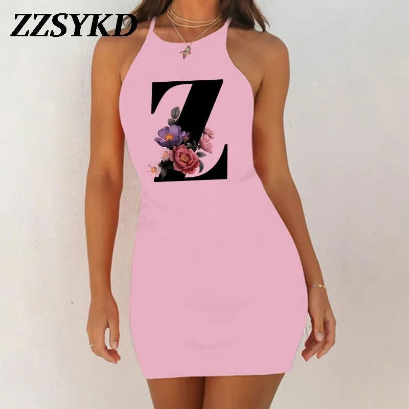 26 English Alphabet Print Summer Sexy Clothes Women Dresses 2020 Plus Size Dress Bodycon Evening Party O-Neck Pink Mini Vestidos