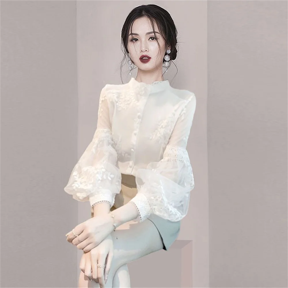 Ballifyex 2025 Summer New Loose Korean Tops Office Lady Blouses Elegant Stand Collar White Embroidery Puff Sleeve Shirts Women's Clothing