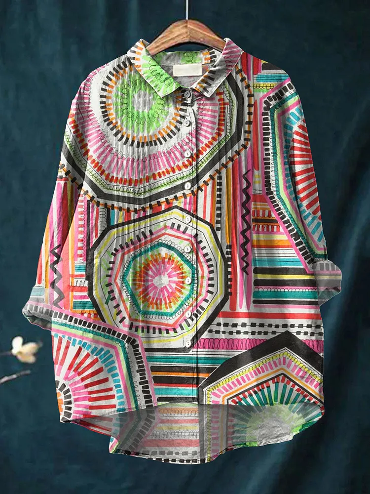 Women's Abstract Pattern Art Print Casual Cotton And Linen Ruffle Shirt