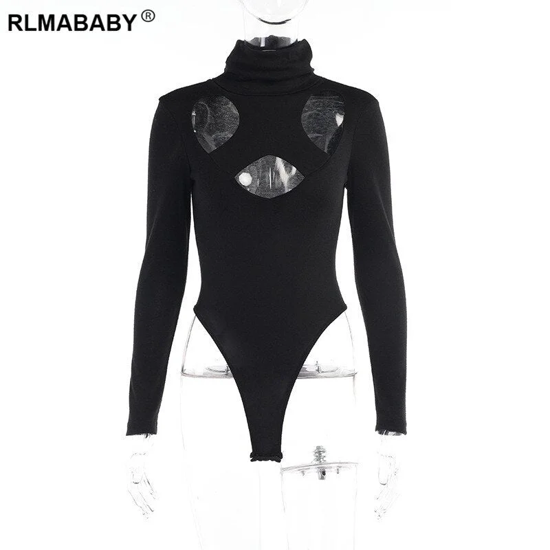 Sexy Women Autumn Winter Hollow Out Turtleneck Long Sleeve Rompers Bodysuit Top Casual Slim Streetwear Black Fitness Bodysuit