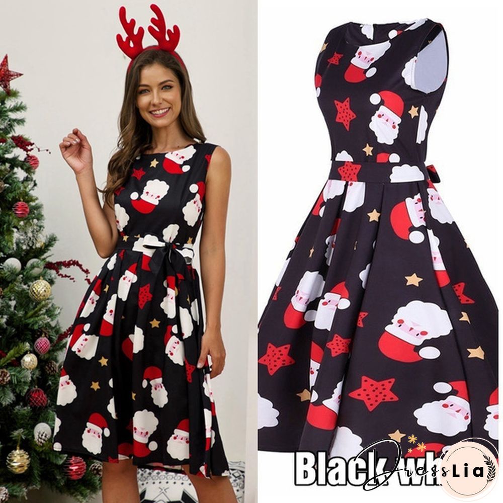 Womens Vintage Sleeveless Santa Christmas 1950s Retro Xmas Evening Prom Swing Dress