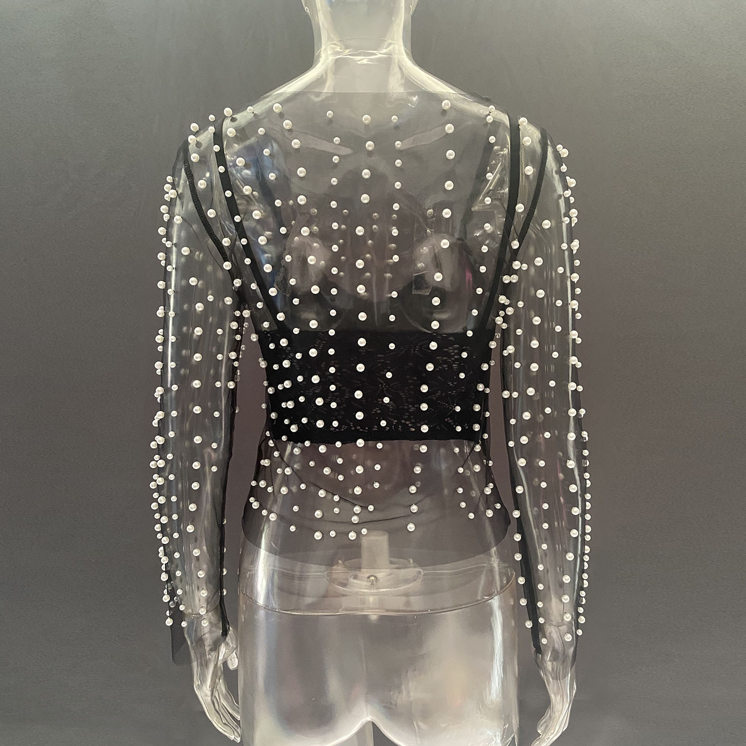 Ootddress Summer Long Sleeve Beach Top Mesh For Women Sheer Lace See-Through Crop top Pearls Cover up Slim Nude sexy Party Outfits
