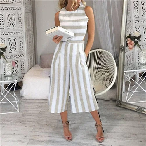 2018 Women's Sleeveless Striped Jumpsuit Casual Loose Trousers Fashionable Leotard Catsuit Combinaison Wide Leg Pants