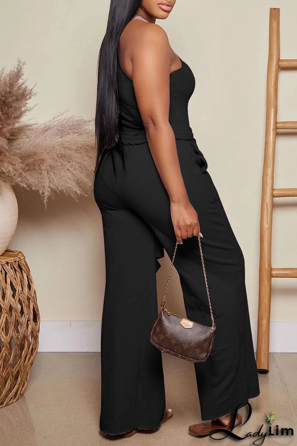 Black Casual Solid Ripped Patchwork U Neck Sleeveless Two Pieces