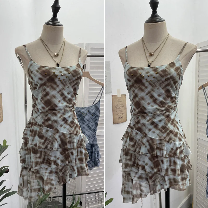 Nigikala Nigikala Shooting Mesh Yarn Irregular Rivet Vest Dress Women 2025 Summer Dress New Lotus Edge Sleeveless Top 1273