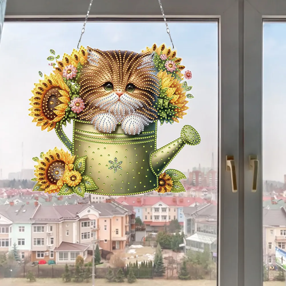 2D Flat DIY Diamond Art Pendant Window Hanging Art for Home Decor (Kettle Cat)