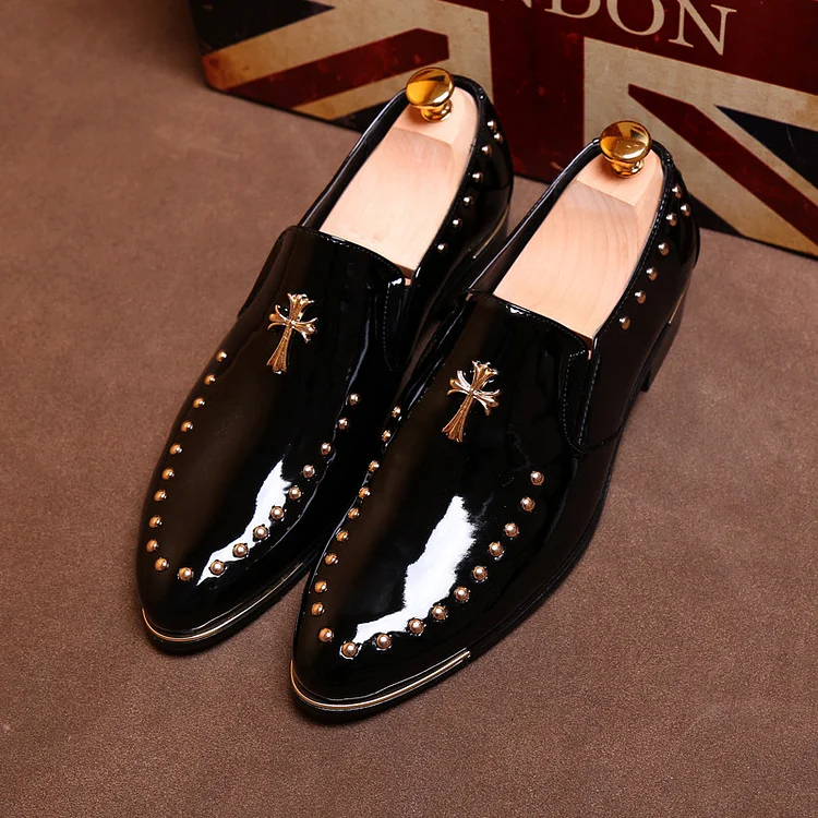 Metallic Cross Decor PU Leather Studded Pointy Toe Flat Loafers Shoes