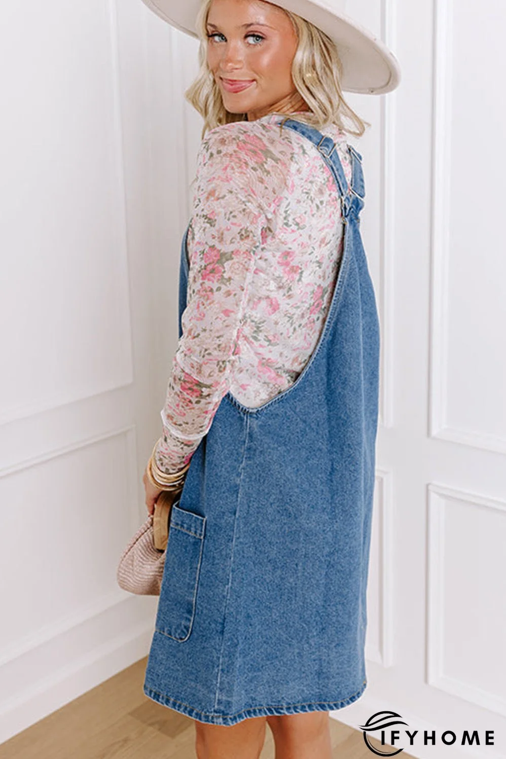 Dusk Blue Wide Strap Button Front Pocketed Denim Mini Dress | IFYHOME