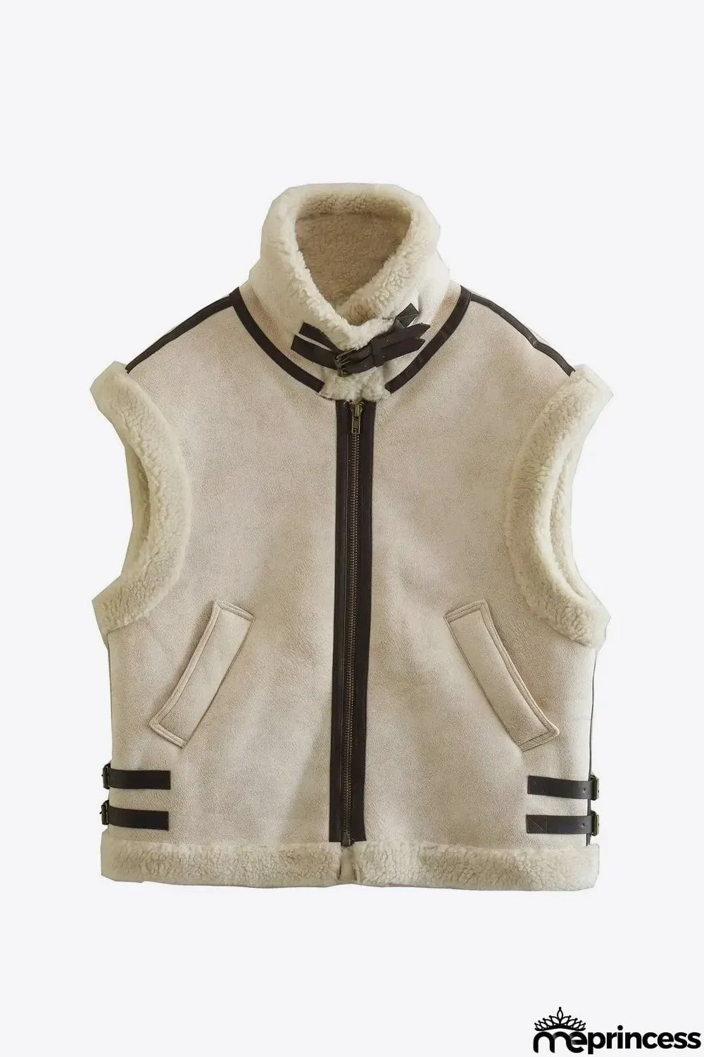 Collared Zip-Up Suede Sherpa Vest