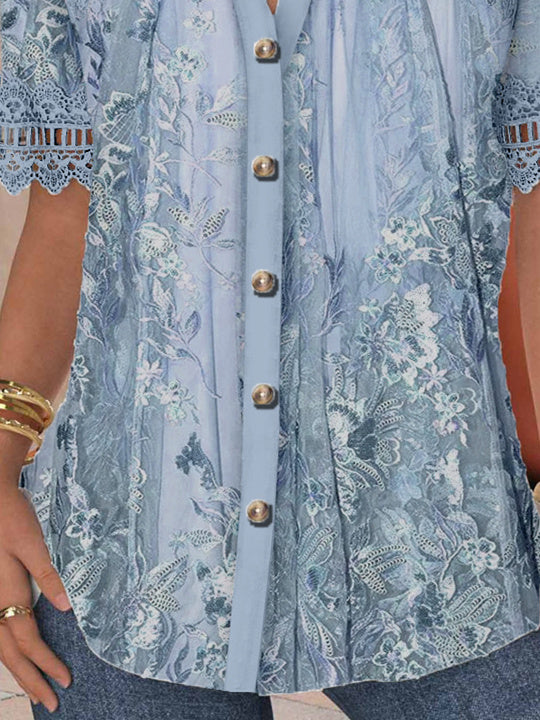 Women Short Sleeve V-neck Floral Printed Graphic Lace Hollow Stitching Button Tops