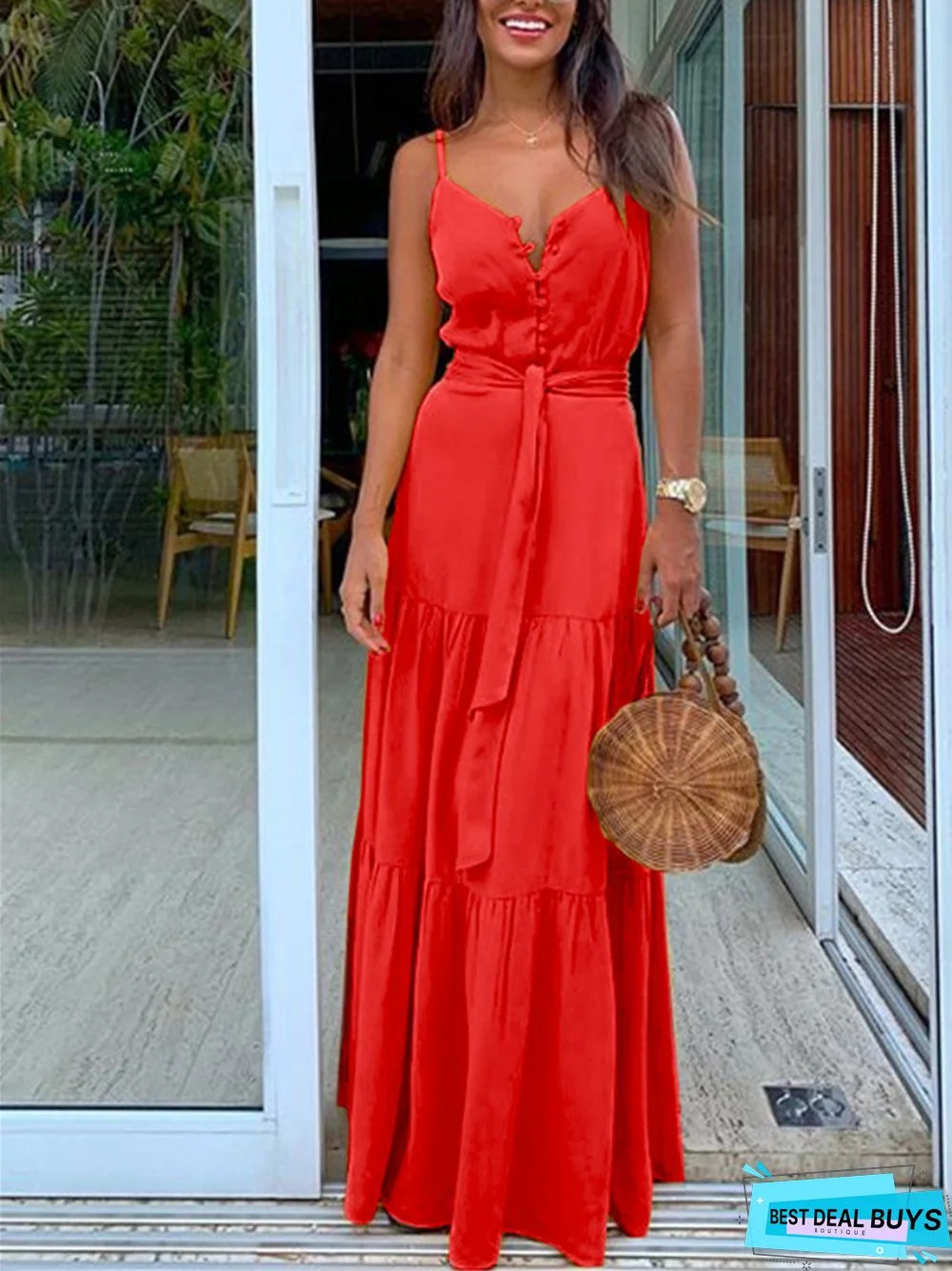 Temperament V-Neck Medium Long Suspender Solid Color Dress