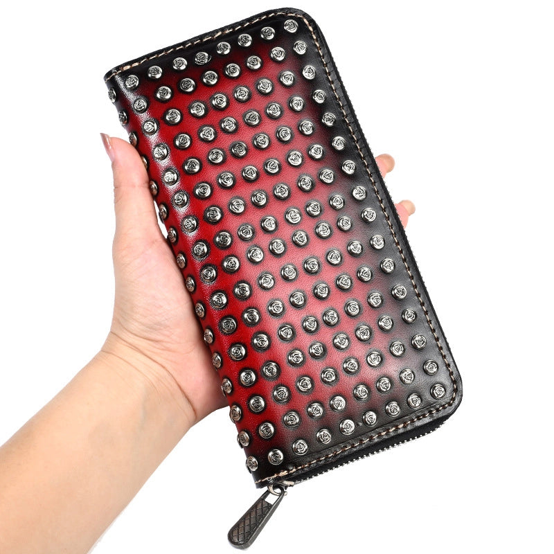 New Original Design Head Layer Cowhide Wallet Personalized Long Zipper Bag Friends Rock Motor Car Bag