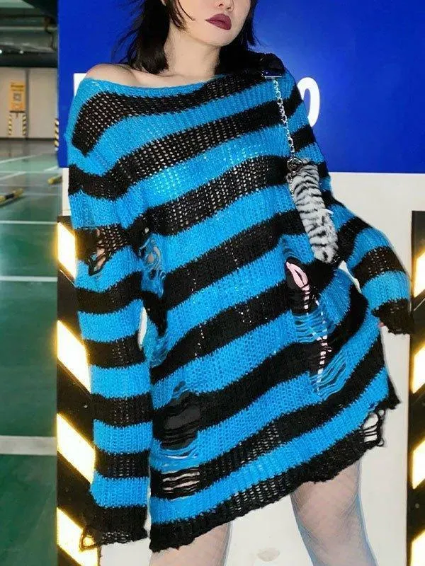Brownm Distressed Stripe Longline Sweater