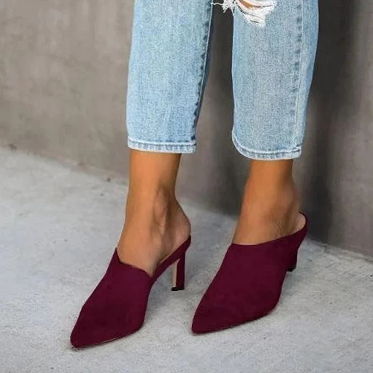 Maroon Pointed Toe Vegan Suede Kitten Heel Mules for Women |FSJ Shoes
