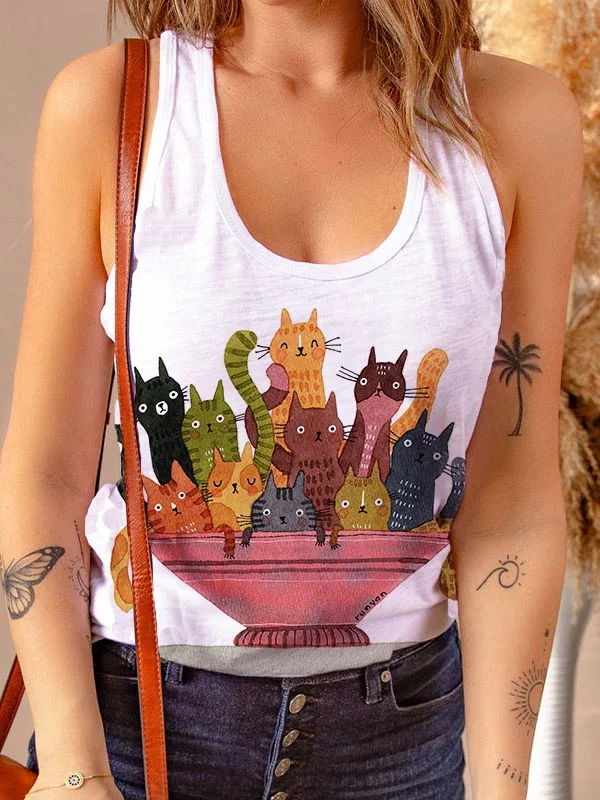 Salad Cats Print Casual Tank Top