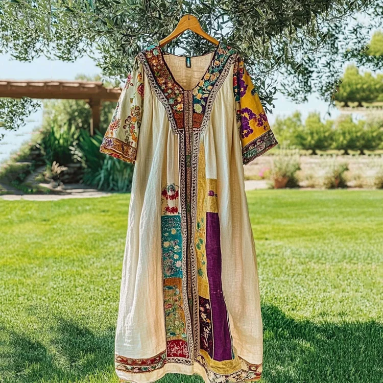 Utbros Vintage Tribal Pattern Patchwork Art Linen Short Sleeve Tank Dress
