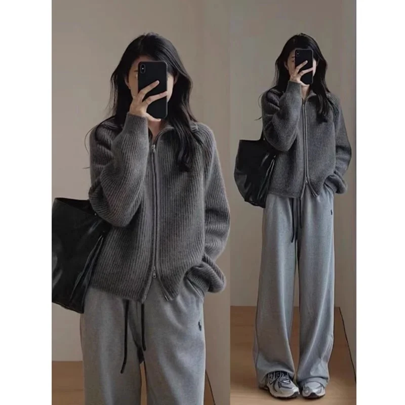 Athvotar Athvotar Woman Retro Hong Kong Flavor New Chic Korean Version Of The Collar Zipper Knitted Open Shirt Lazy Wind Loose Thick Coat