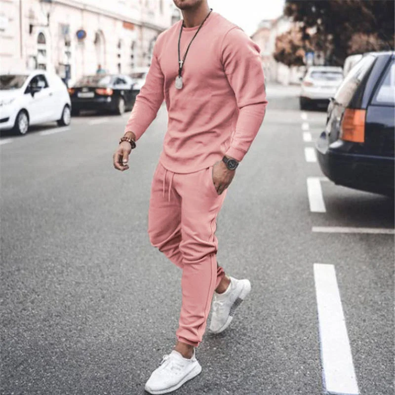OEM Service Fall Plus Size Clothing Long Sleeve Crew Neck Patchwork Causal Two Piece Pants Custom Men Joggers Suits Set Tracksuit