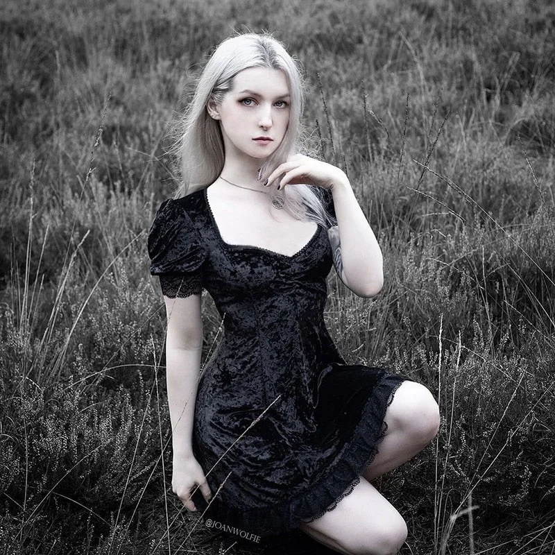 InsGoth Vintage Lace Black Dress Goth Sexy High Waist Mini Dress Aesthetic Elegant Short Sleeve A Line Dress Party Club Wear