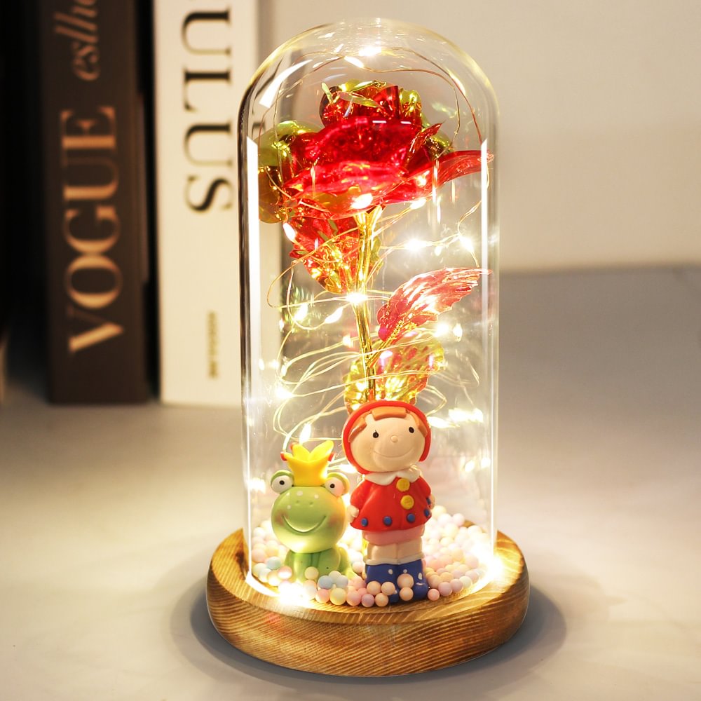 Beatea Frog Prince with Enchanted Rose Flower LED Light in Glass Dome 