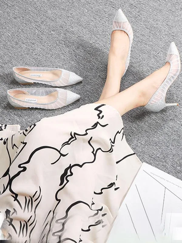 Fashion flat pointed toe low-heel pleated highlights net shoes