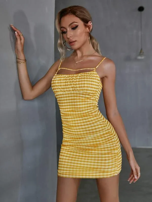 Double Crazy Ruched Bust Gingham Dress