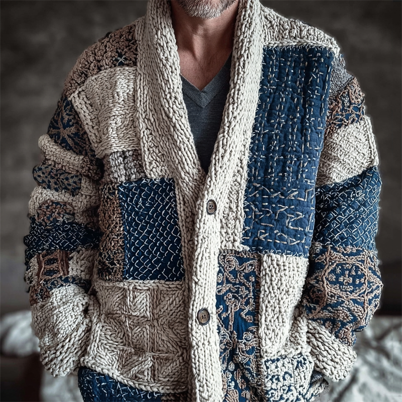 Men's Japanese Sashiko Embroidered Patchwork Cozy Knit Cardigan  artssus