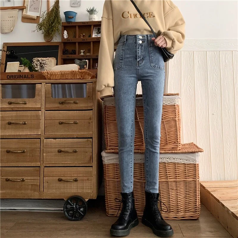 Jeans Women High Waist Korean Style Streetwear Solid Wash Skinny Denim Trousers Woman Stretchy Womens Ankle-Length Slim Casual