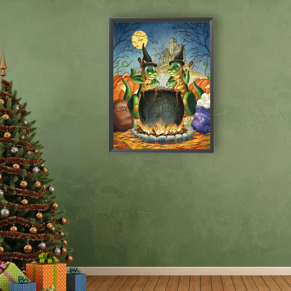 Full Round Diamond Painting 30*40cm - Green Dinosaur Cooking Soup