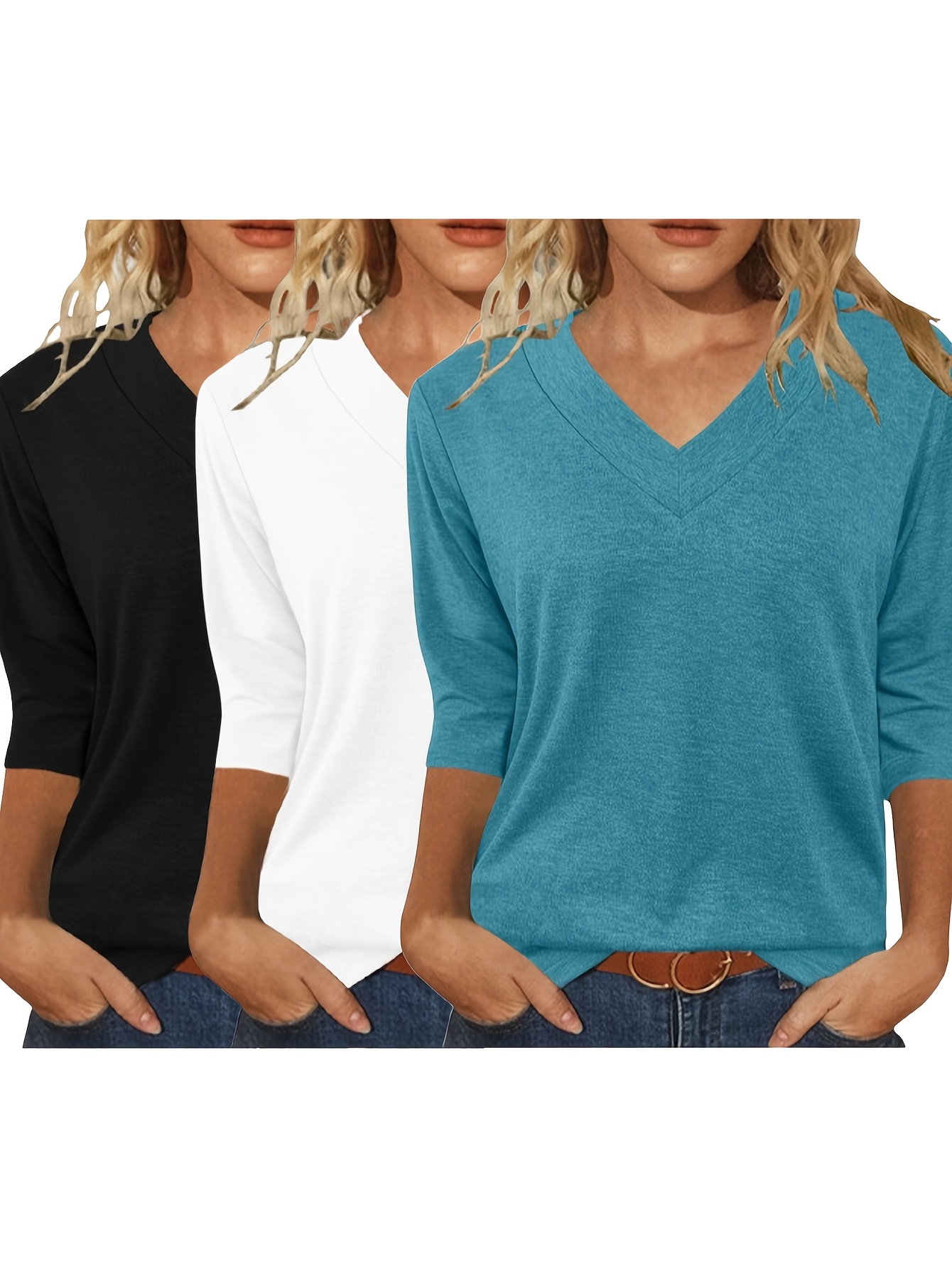Casual Breathable Polyester Women's 3/4 Sleeve V-Neck T-Shirt Set | Solid Color, All-Season Comfort, Vneck To | IFYHOME