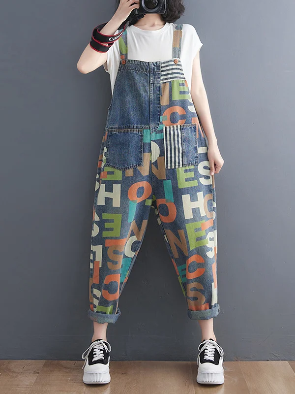 Striped Split-Joint Pockets Letter Print Buttoned Asymmetric Ninth Pants Loose Overalls