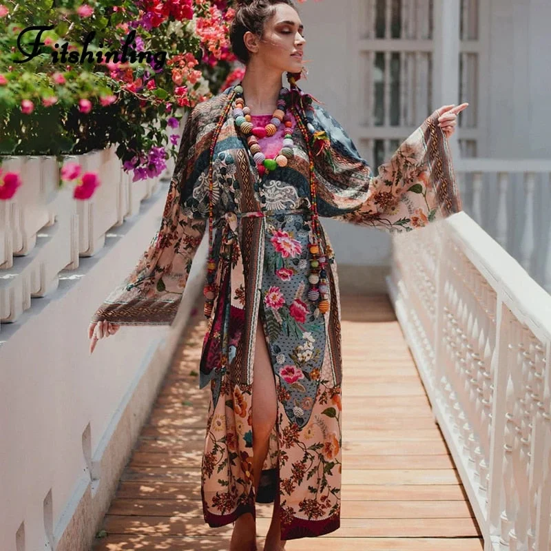 Fitshinling Ethic Print Floral Vintage Kimono Holiday Flare Sleeve Beach Cover Up With Sashes Slit Boho Vintage Long Cardigan