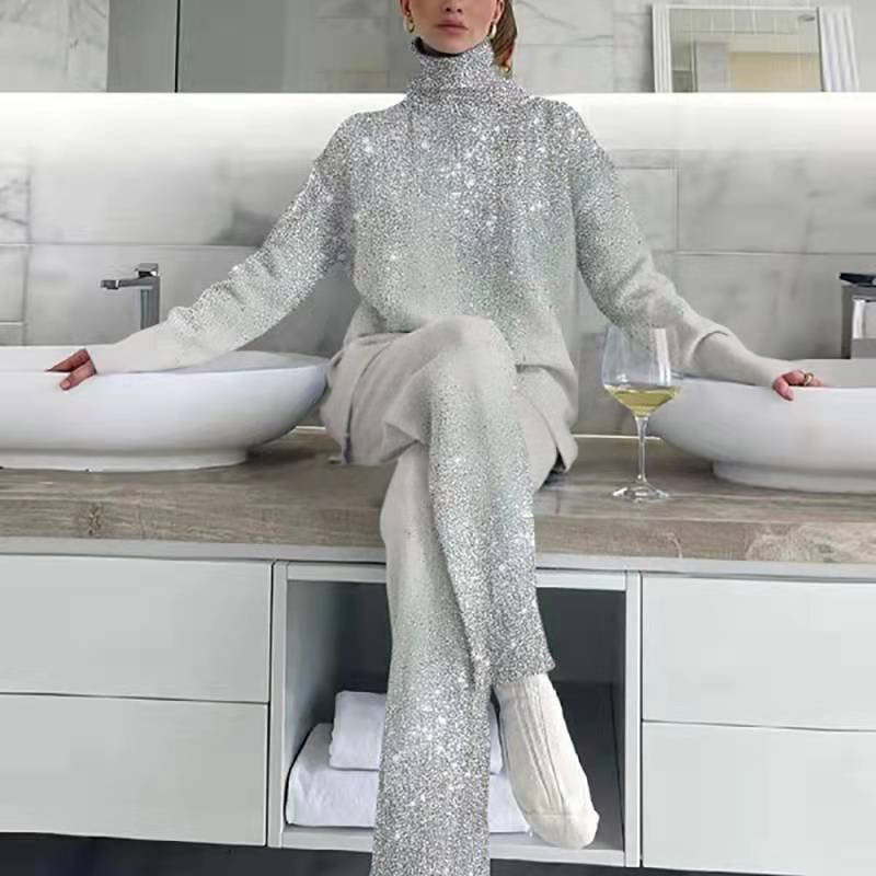 Femme Long Sleeve Top High Waist Pant Suit Elegant Women Turtleneck Print Casual Tracksuit 2022 Spring Autumn Loose Pant Suit