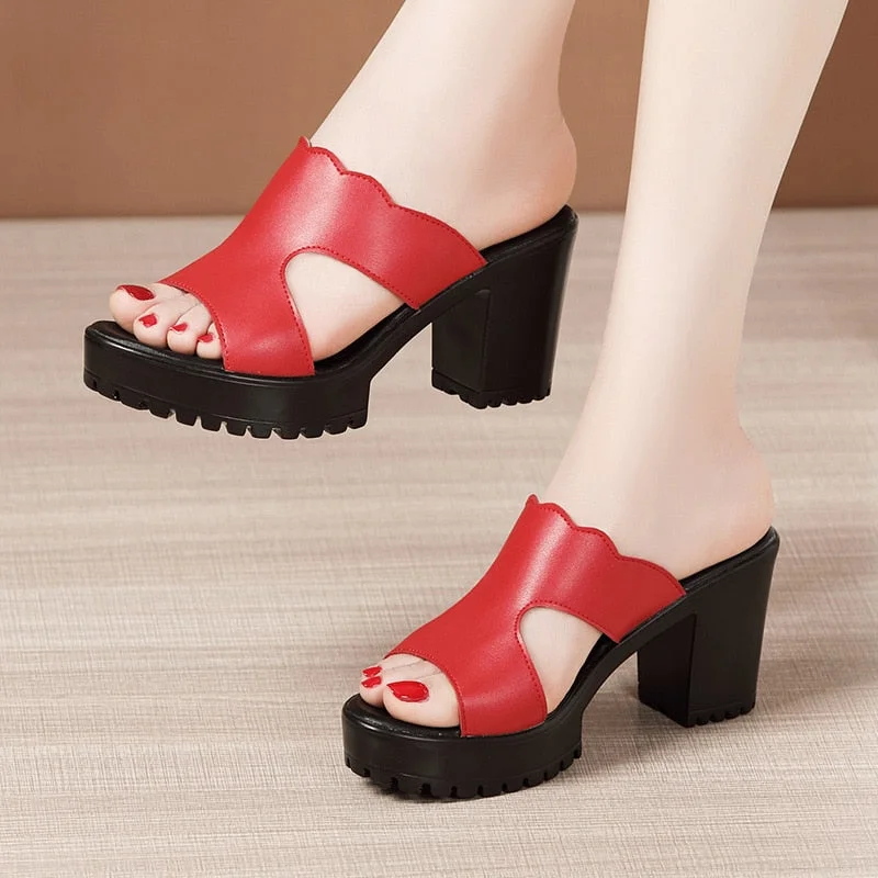 Heel Platform Slippers Women Wedding Shoes Summer 2021 Leather Slippers High Heels Slides Ladies Slipper