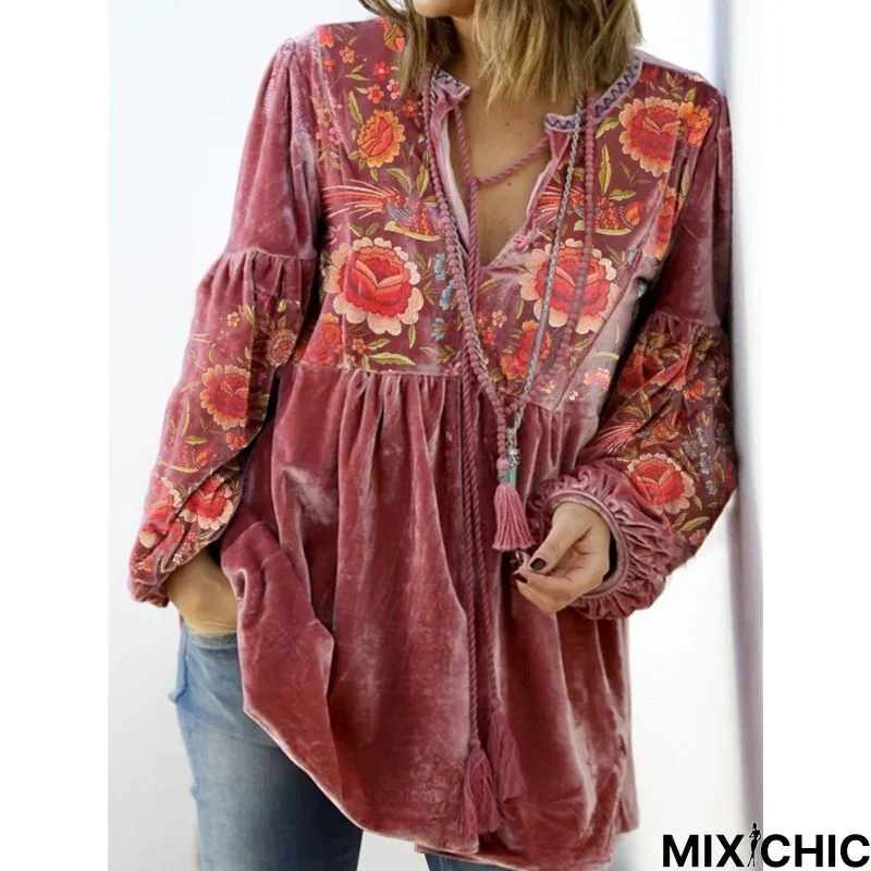 V Neck Velvet Loose Tunic Blouse