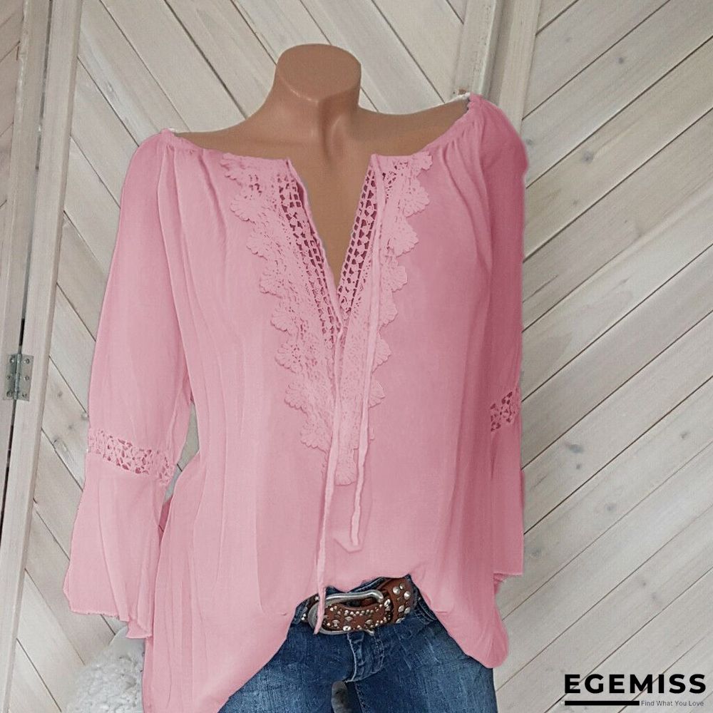 5XL Plus Size Women Casual Blouse Tops V Neck 3/4 Sleeve Loose Lace Blouse | EGEMISS