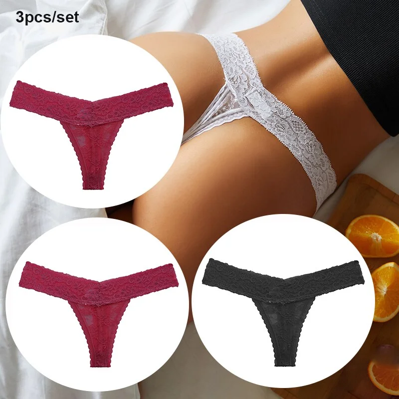 FINETOO 3PCS/Set Women Lace Sexy G-string Perspective Lingerie Temptation Panties Thong Underwear Panty Female Intimates M-XL