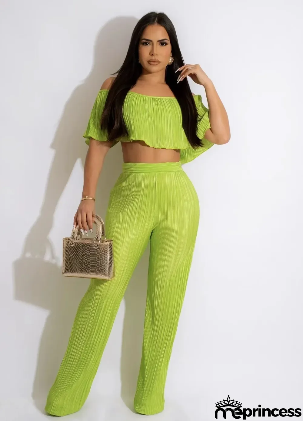 Women'S Solid Color Off-Shoulder Top Bell Bottom Pants Two-Piece Set