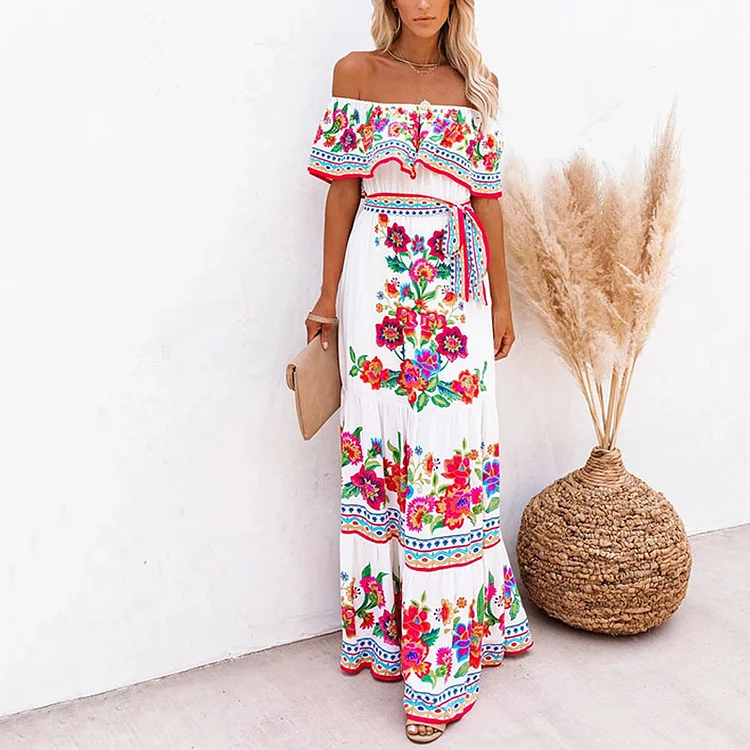 Off Shoulder Printed Maxi Dress