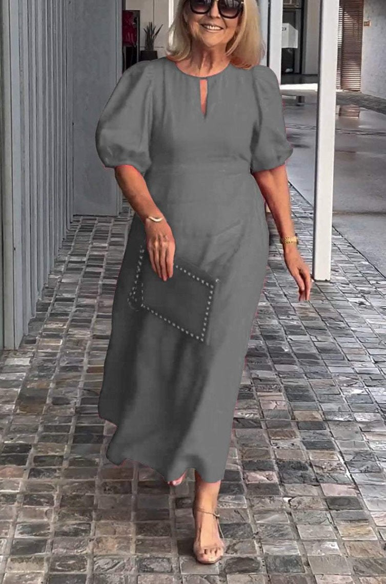 Women Half Sleeve V-neck Solid Color Dress