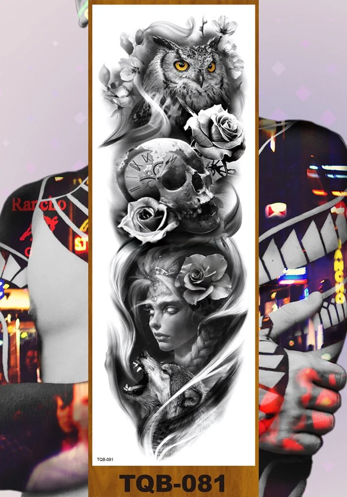 Full Flower Arm Temporary Tattoo Sticker Man Woman Body Leg Art Fake Tatoo Beauty & Snake Bear Owl Fox Mermaid Egypt Queen Sexy