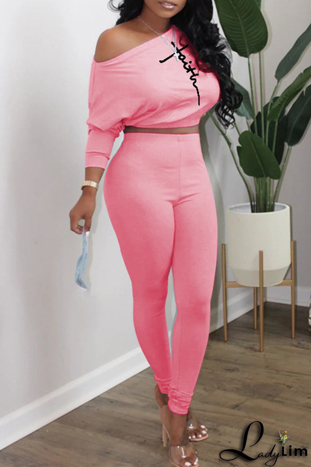 Cyan Fashion Casual Print Basic Oblique Collar Long Sleeve Two Pieces